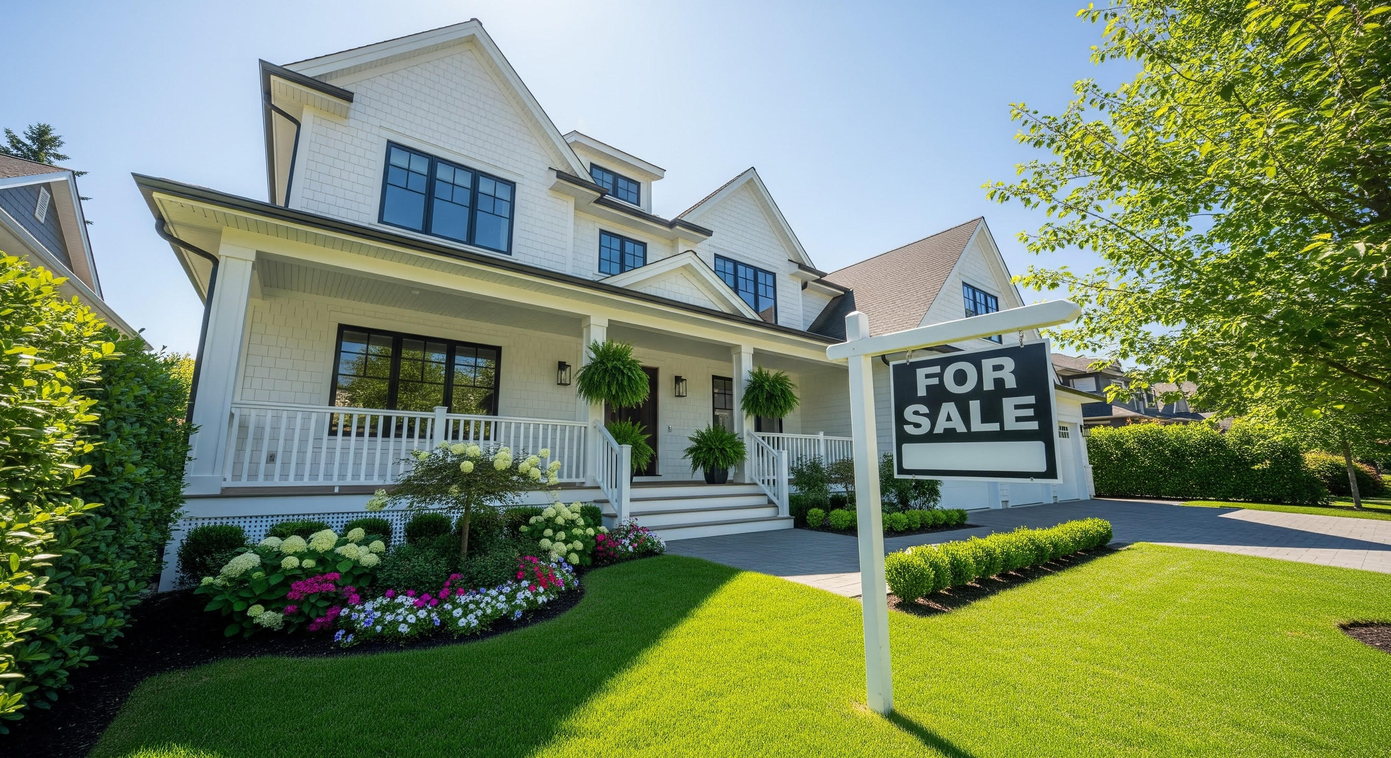 A white craftsman-style home with colorful landscaping and a For Sale sign on a sunny day
